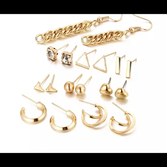 Gold Geometric Bar Earrings Set of 9 - Picture 2 of 2